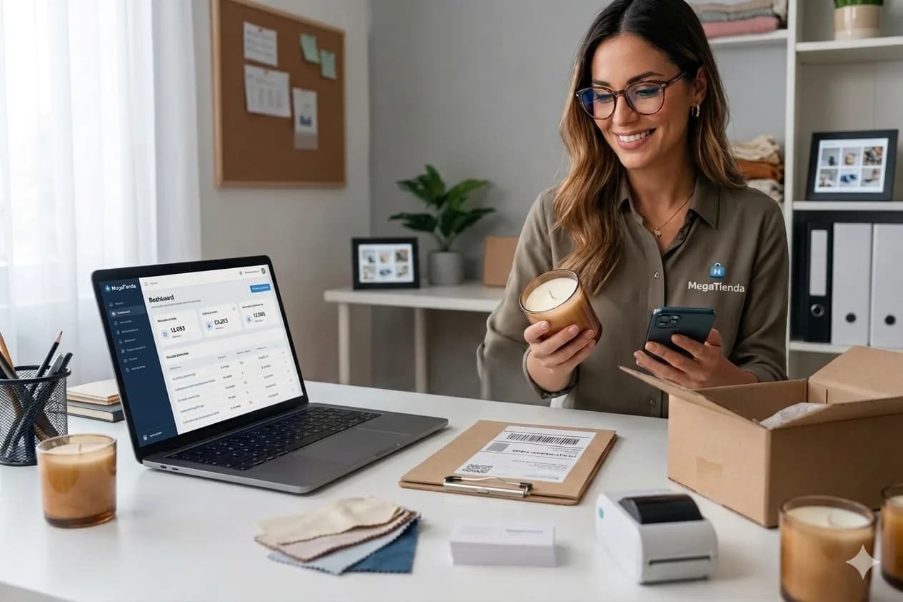 Vendedora gestionando su tienda MegaTienda desde el celular